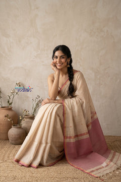 Tarang 2.0 ~ Designer Handloom Cotton Silk Saree in Salient White and Pink