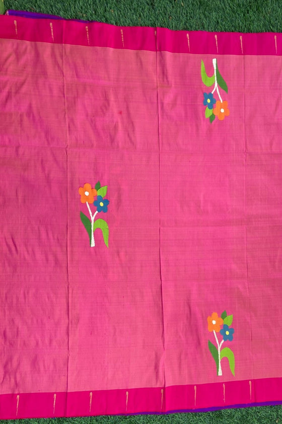 Designed by VMI - Blouse Fabric - Handloom Pure Silk - Floral Pink with Flower Motifs