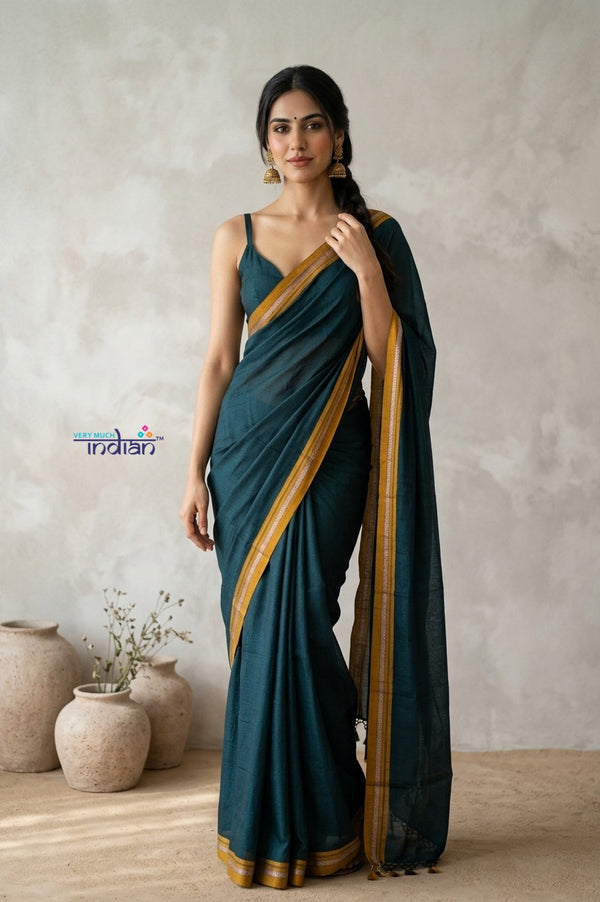 Buy Saadgi ~Pure Cotton Handloom Sarees with Intricate Borders ~ Dark ...