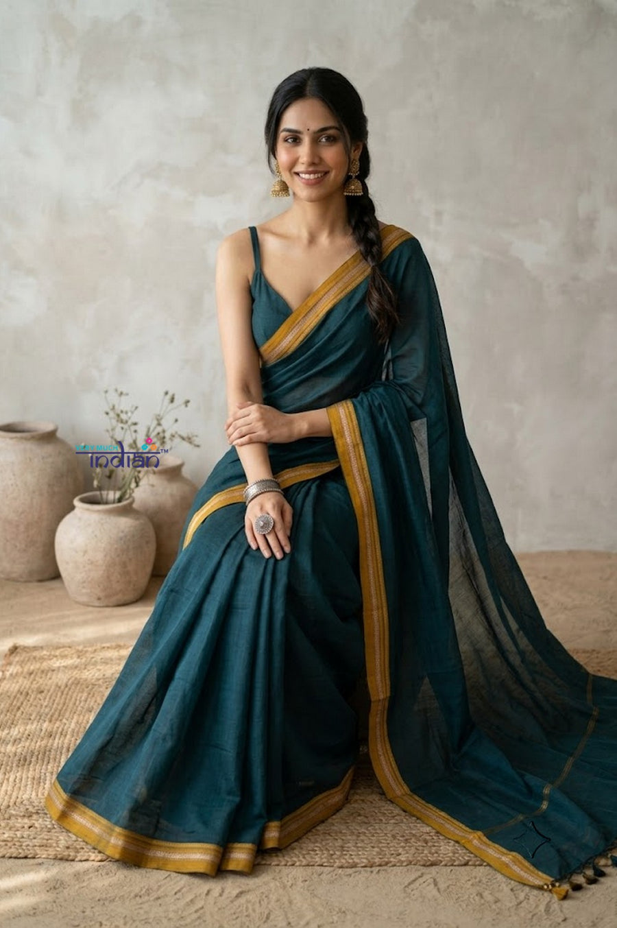 Buy Saadgi ~Pure Cotton Handloom Sarees with Intricate Borders ~ Dark ...