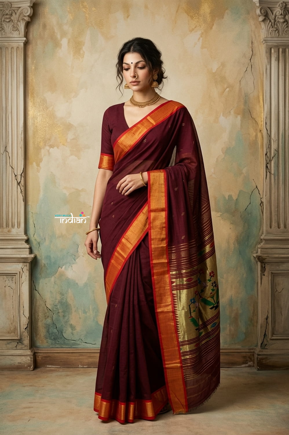 Virasat 2.0 ~ Handloom Pure Cotton Paithani With Asawali Pallu ~ Maroon