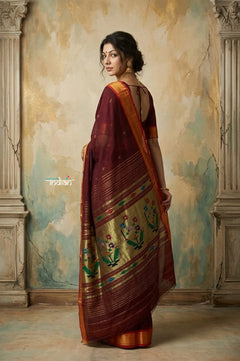 Virasat 2.0 ~ Handloom Pure Cotton Paithani With Asawali Pallu ~ Maroon