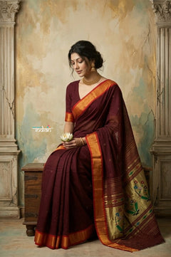 Virasat 2.0 ~ Handloom Pure Cotton Paithani With Asawali Pallu ~ Maroon