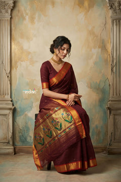 Virasat 2.0 ~ Handloom Pure Cotton Paithani With Asawali Pallu ~ Maroon