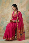 Virasat 2.0 ~ Handloom Pure Cotton Paithani With Designer Phulkari Motif Pallu ~ Fuchsia Pink