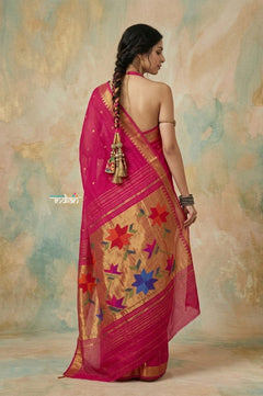 Virasat 2.0 ~ Handloom Pure Cotton Paithani With Designer Phulkari Motif Pallu ~ Fuchsia Pink