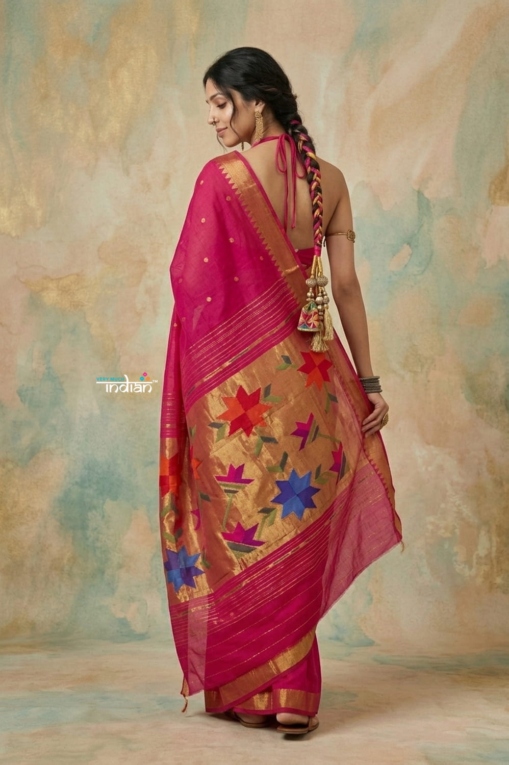 Virasat 2.0 ~ Handloom Pure Cotton Paithani With Designer Phulkari Motif Pallu ~ Fuchsia Pink