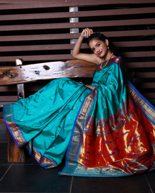 Authentic High Quality Pure Silk Paithani With Most Traditional Double Pallu~ Squalene Blue