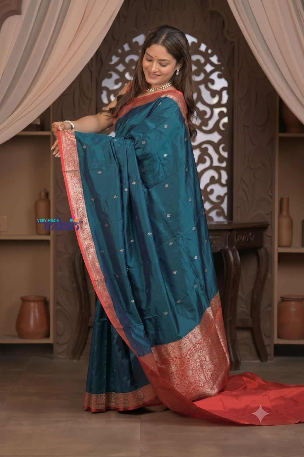 Kashi ~ Handloom Pure Silk Katan Saree in  Azure Blue Gold (Silk Mark Certified)