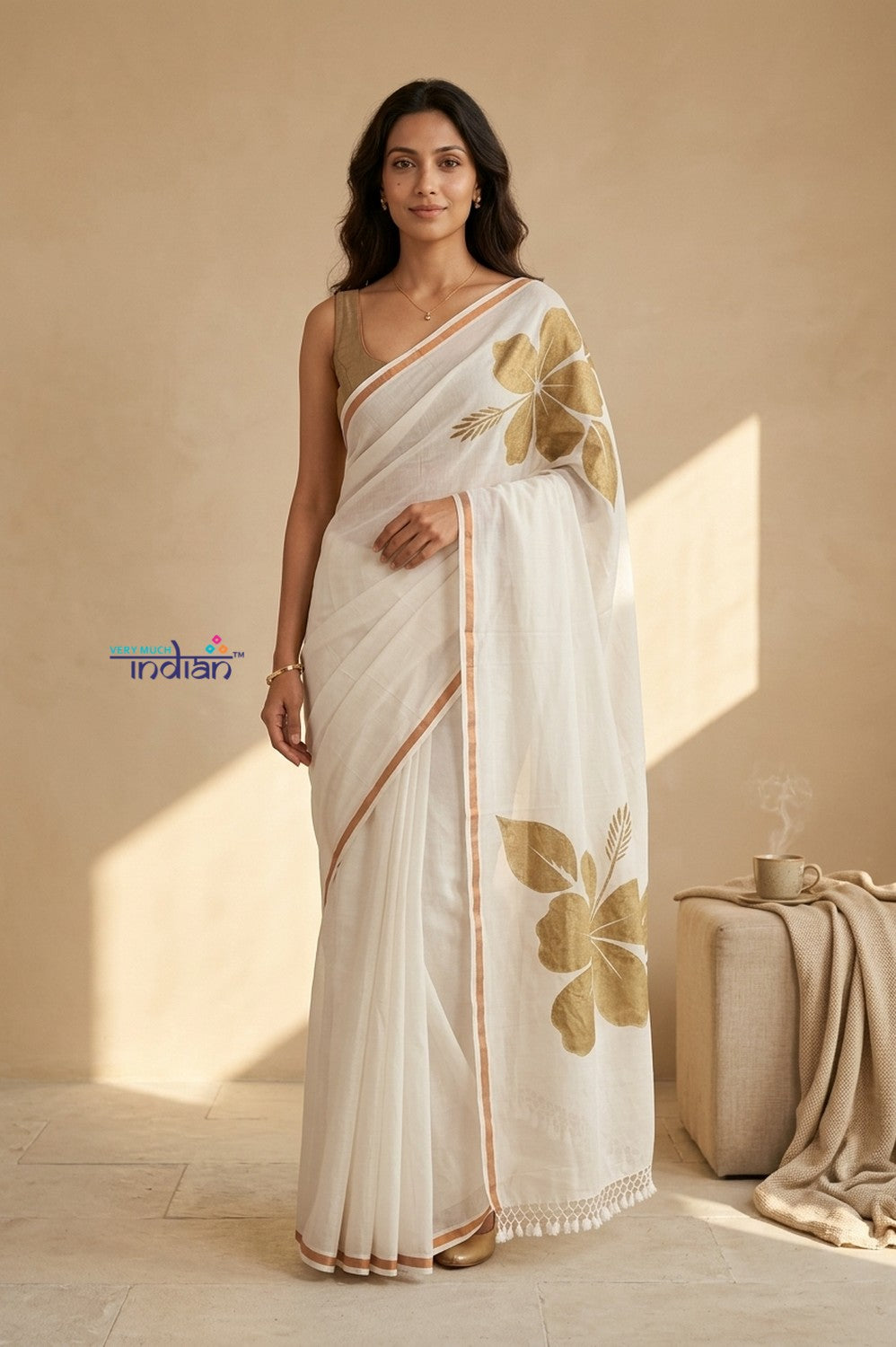 Mulmuli~ Pure Handwoven Mul Cotton Saree with Handpaint Flora in White