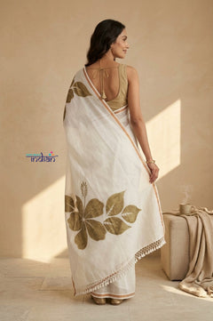 Mulmuli~ Pure Handwoven Mul Cotton Saree with Handpaint Flora in White