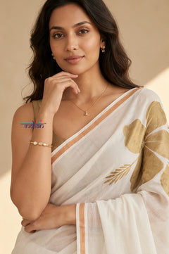 Mulmuli~ Pure Handwoven Mul Cotton Saree with Handpaint Flora in White