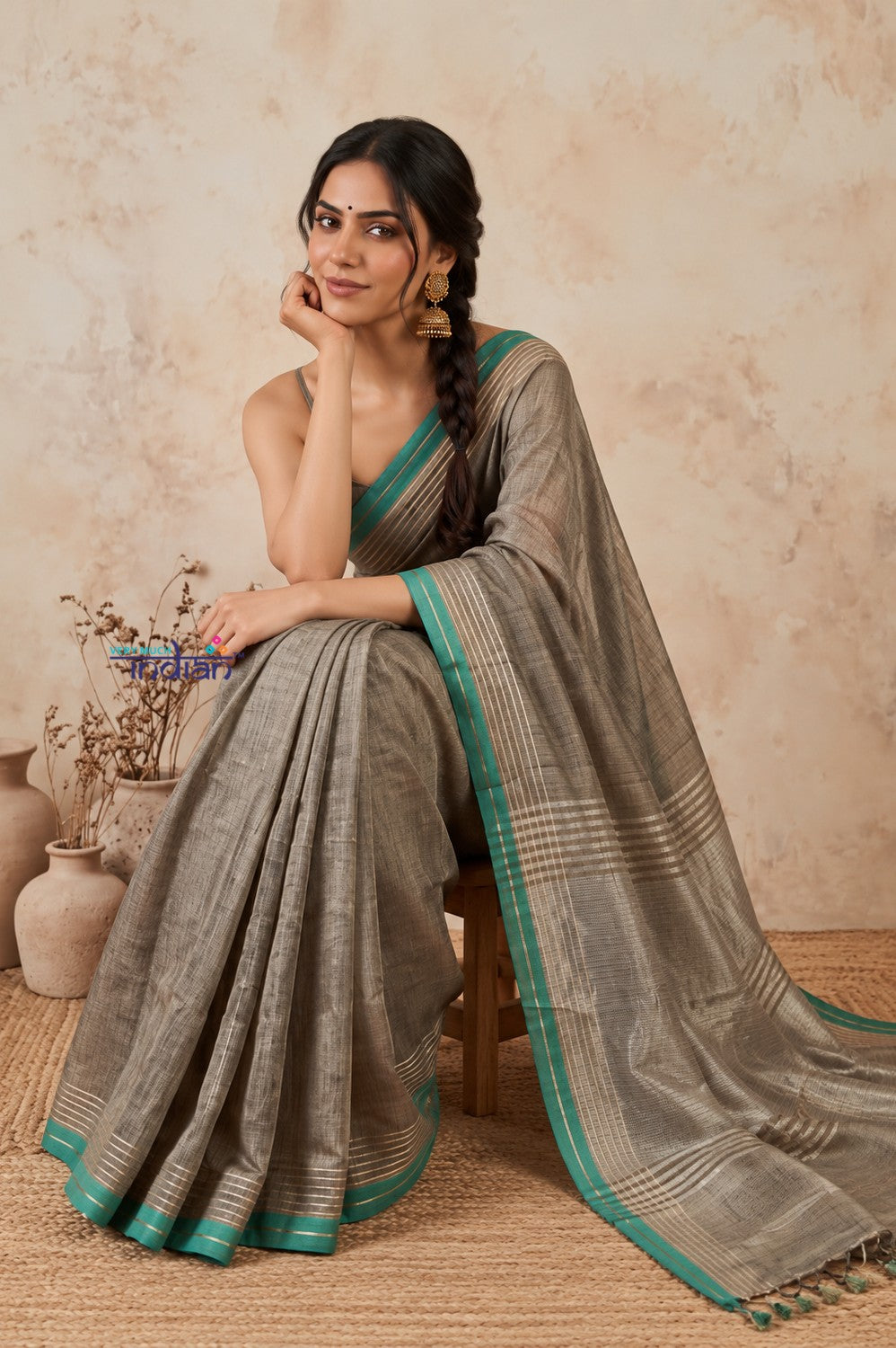 Bengal Gatha ~ Designer Handloom Pure Dupion in Grey and Turquoise Blue