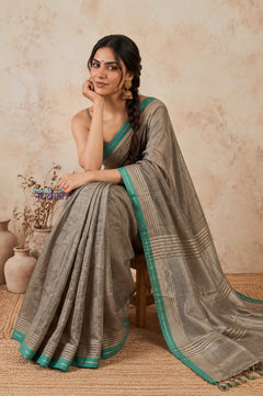 Bengal Gatha ~ Designer Handloom Pure Dupion in Grey and Turquoise Blue