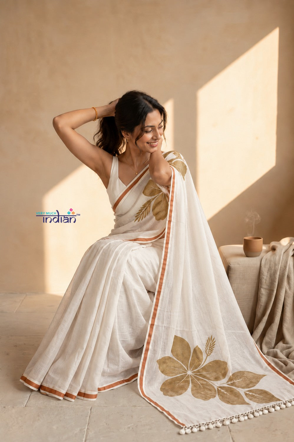 Mulmuli~ Pure Handwoven Mul Cotton Saree with Handpaint Flora in White