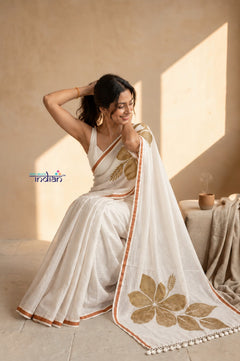 Mulmuli~ Pure Handwoven Mul Cotton Saree with Handpaint Flora in White