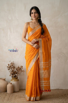 Bengal Gatha ~ Designer Handloom Pure Linen Saree in First Light Orange