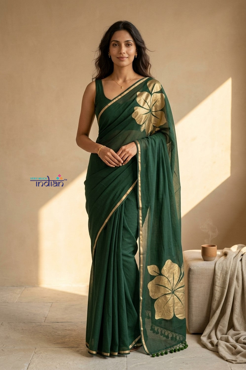 Mulmuli ~ Pure Handwoven Mul Cotton Saree with Handpaint Flora in Dark Green