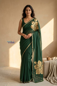 Mulmuli ~ Pure Handwoven Mul Cotton Saree with Handpaint Flora in Dark Green