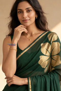 Mulmuli ~ Pure Handwoven Mul Cotton Saree with Handpaint Flora in Dark Green