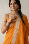 Bengal Gatha ~ Designer Handloom Pure Linen Saree in First Light Orange