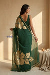 Mulmuli ~ Pure Handwoven Mul Cotton Saree with Handpaint Flora in Dark Green