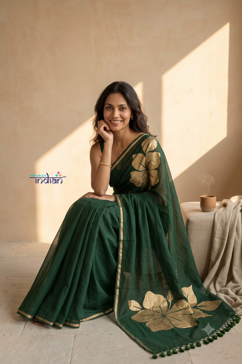 Mulmuli ~ Pure Handwoven Mul Cotton Saree with Handpaint Flora in Dark Green