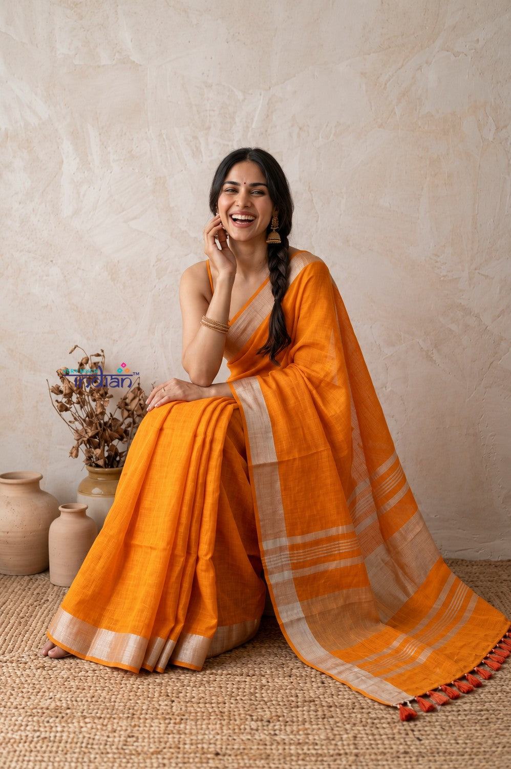 Bengal Gatha ~ Designer Handloom Pure Linen Saree in First Light Orange