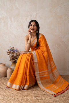 Bengal Gatha ~ Designer Handloom Pure Linen Saree in First Light Orange