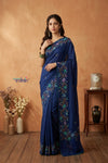 Bengal Gatha ~ Handloom Tussar Silk Saree with Floral Hand Embroidery in Blue