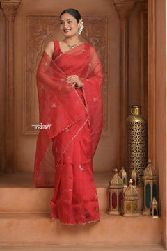 Festive Edit! Ganga Ghat ~ Handloom Organza Silk Saree with Hand Embroidered in Red