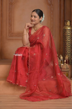 Festive Edit! Ganga Ghat ~ Handloom Organza Silk Saree with Hand Embroidered in Red