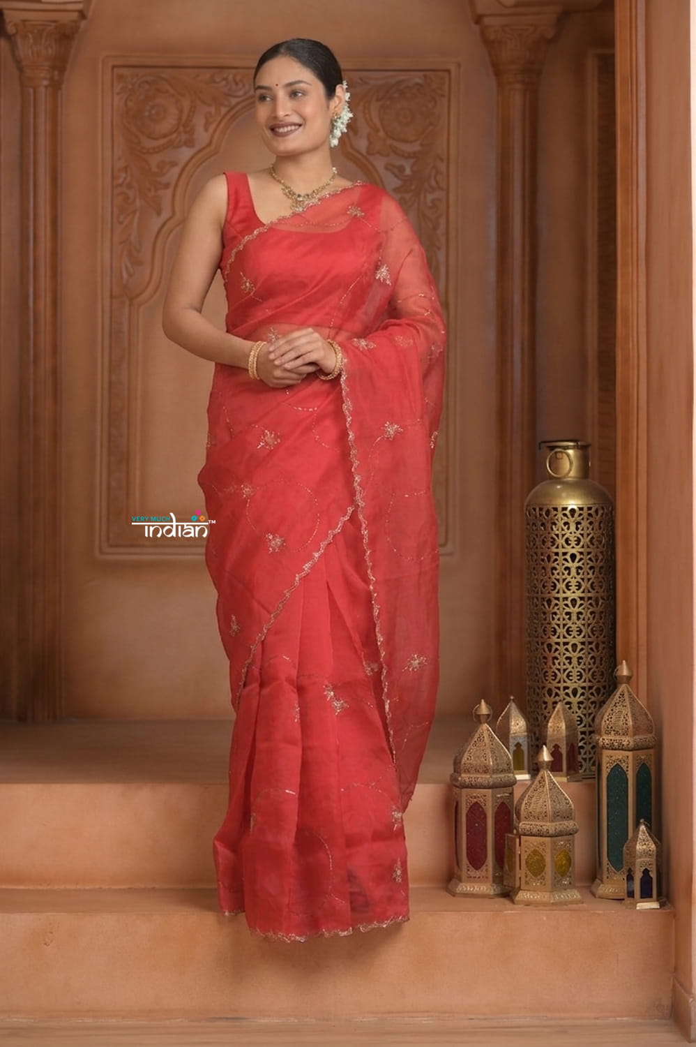 Festive Edit! Ganga Ghat ~ Handloom Organza Silk Saree with Hand Embroidered in Red