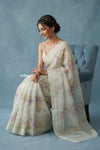 Festive Edit! Handloom Pure Organza Silk Saree with Floral Print in Pearl White