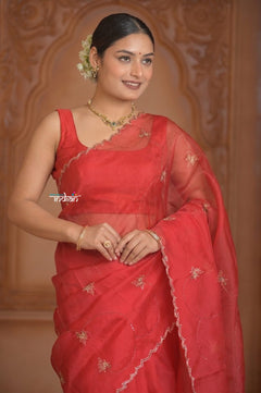 Festive Edit! Ganga Ghat ~ Handloom Organza Silk Saree with Hand Embroidered in Red