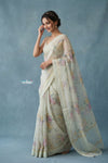 Festive Edit! Handloom Pure Organza Silk Saree with Floral Print in Pearl White