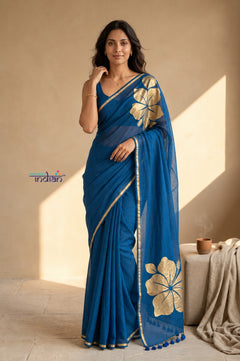 Mulmuli ~ Pure Handwoven Mul Cotton Saree with Handpaint Flora in Marine Blue