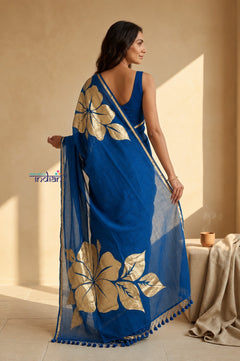 Mulmuli ~ Pure Handwoven Mul Cotton Saree with Handpaint Flora in Marine Blue