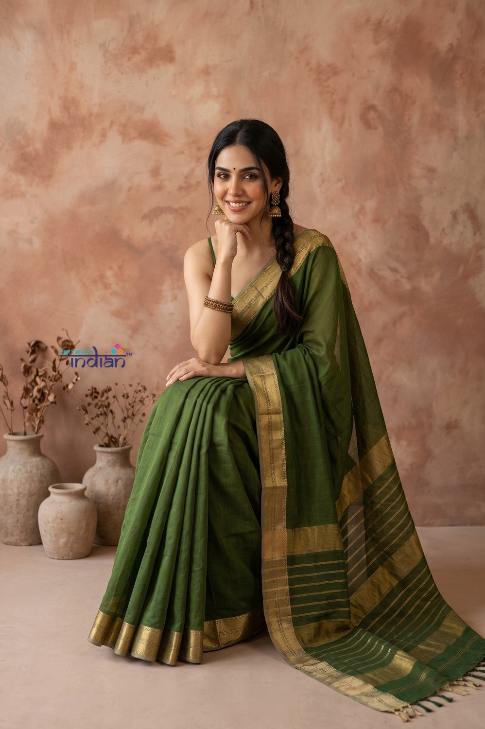 Tarang 2.0 ~ Designer Handloom Cotton Silk Saree in Leaf Green