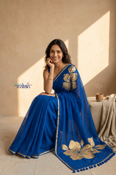 Mulmuli ~ Pure Handwoven Mul Cotton Saree with Handpaint Flora in Marine Blue