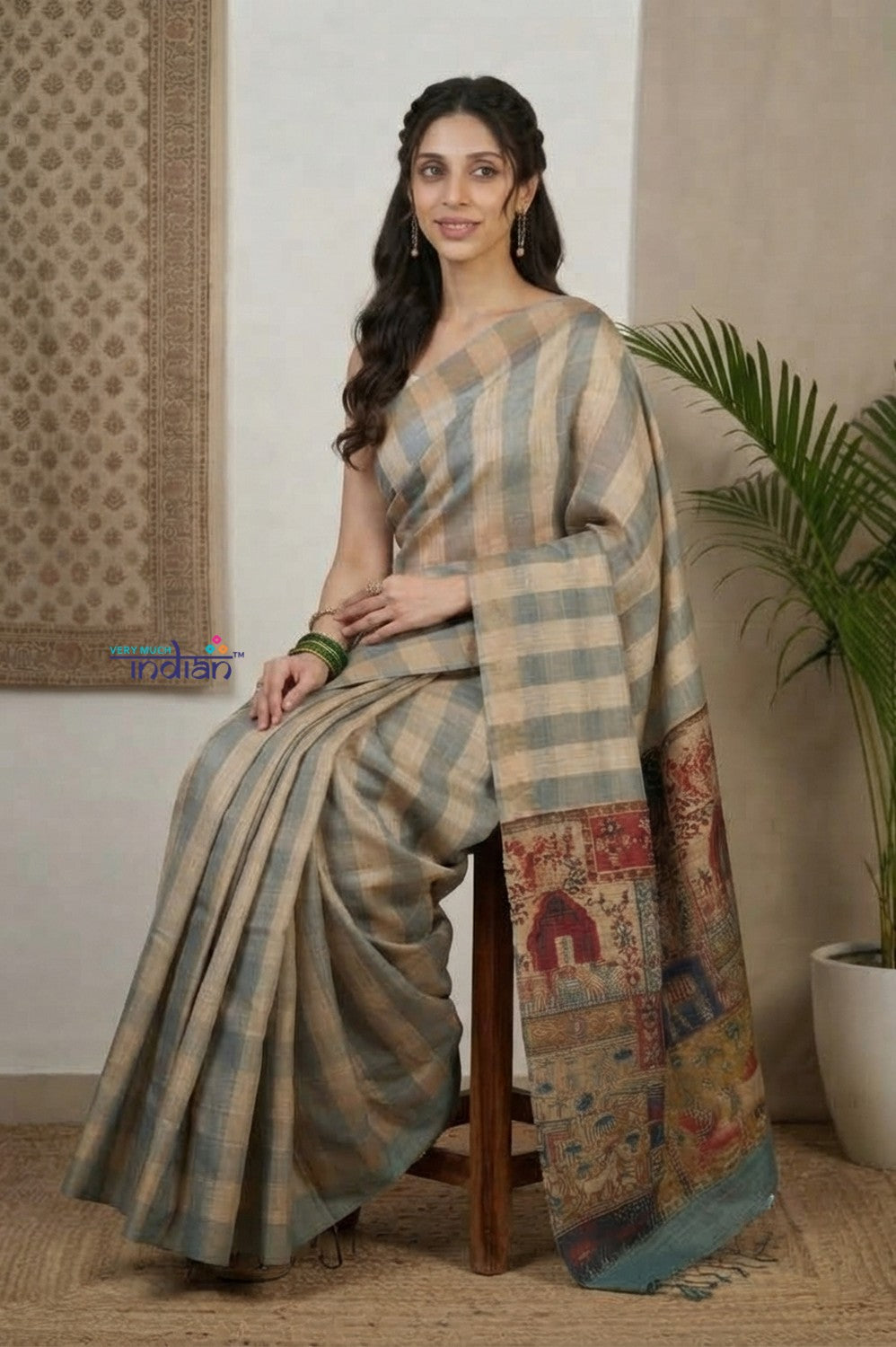 Bengal Gatha ~ Handloom Dupion Silk Saree with Digital Print in Stripes of White