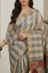 Bengal Gatha ~ Handloom Dupion Silk Saree with Digital Print in Stripes of White