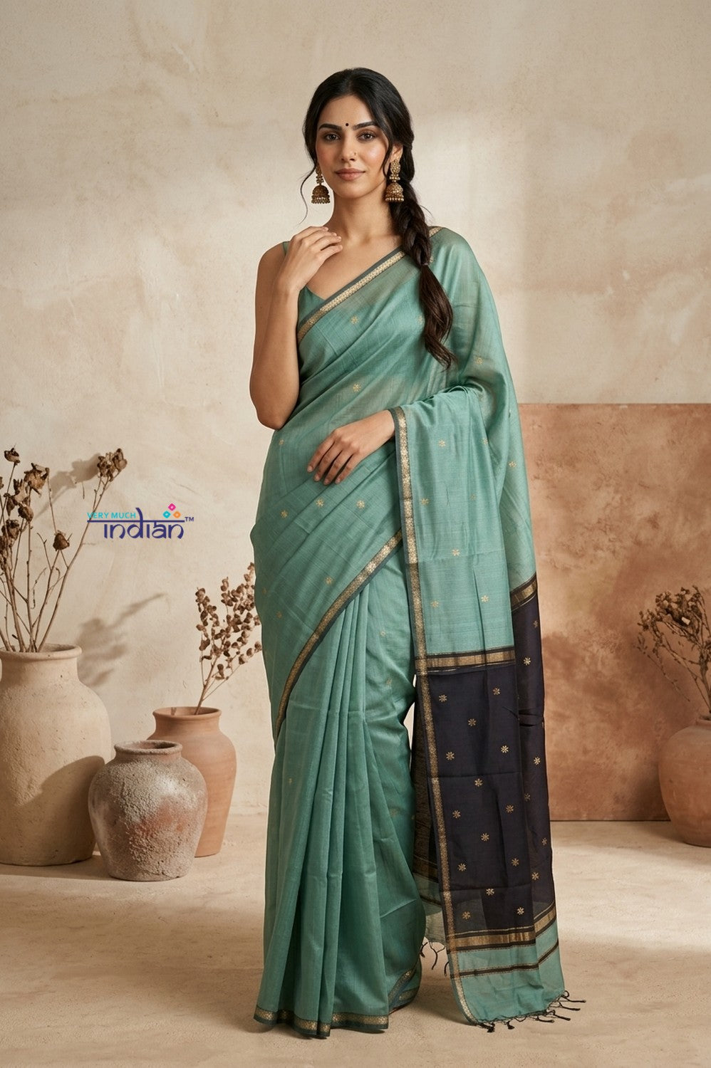 Tarang 2.0 ~ Designer Handloom Cotton Silk Saree in Sea Green and Black