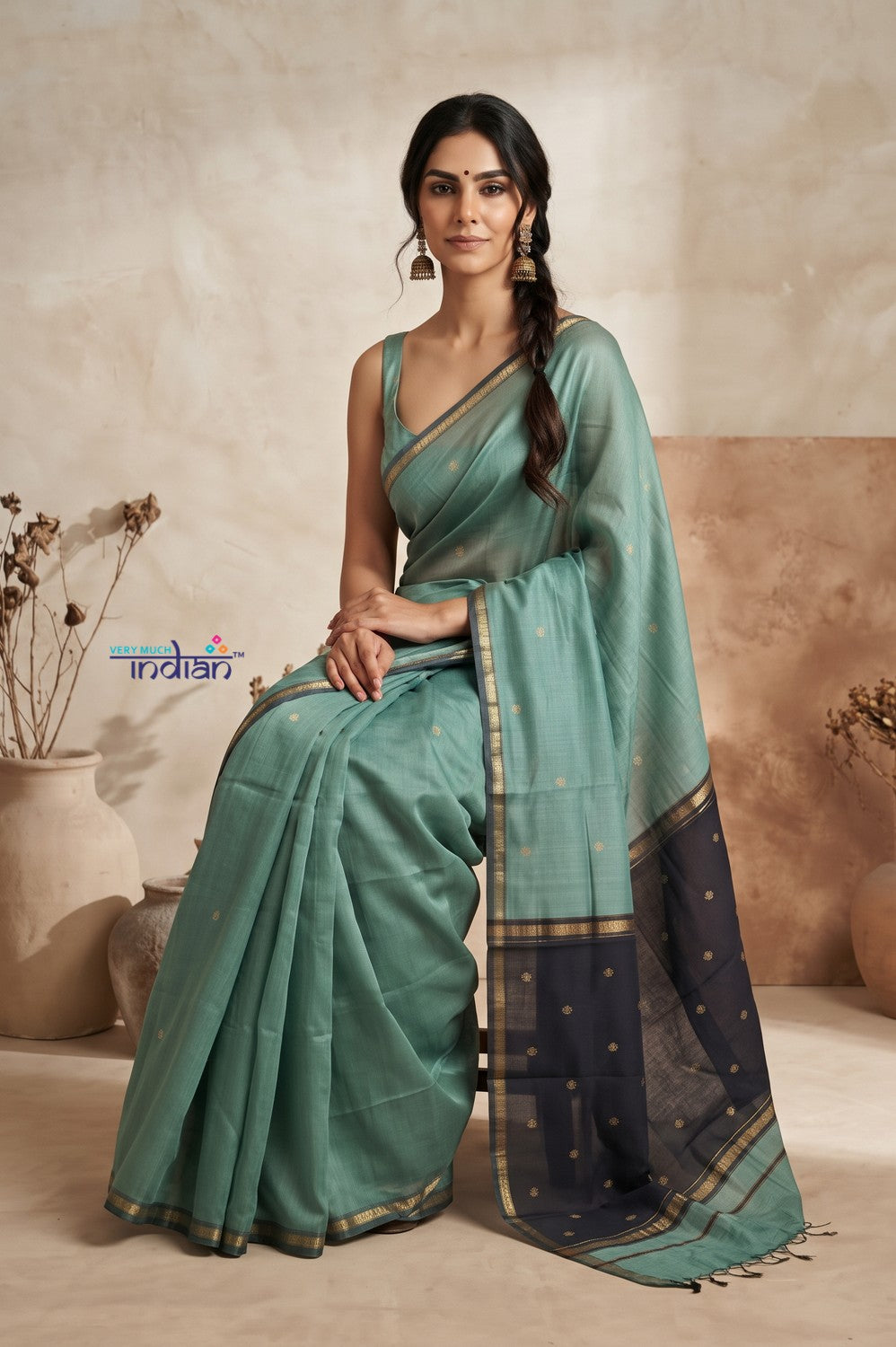 Tarang 2.0 ~ Designer Handloom Cotton Silk Saree in Sea Green and Black