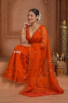 Festive Edit! Ganga Ghat ~ Handloom Organza Silk Saree with Hand Embroidered in Orange