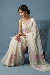 Festive Edit! Handloom Pure Linen Silk Saree with Floral Print in Pearl White