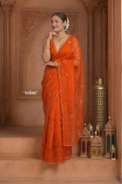 Festive Edit! Ganga Ghat ~ Handloom Organza Silk Saree with Hand Embroidered in Orange