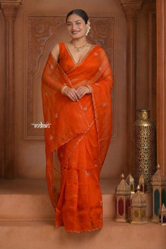Festive Edit! Ganga Ghat ~ Handloom Organza Silk Saree with Hand Embroidered in Orange