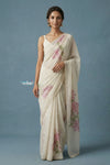 Festive Edit! Handloom Pure Linen Silk Saree with Floral Print in Pearl White