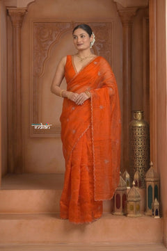 Festive Edit! Ganga Ghat ~ Handloom Organza Silk Saree with Hand Embroidered in Orange